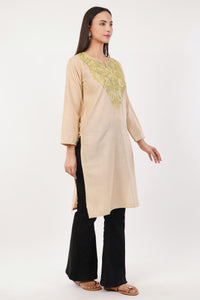 Kashmiri Aari embroidery Cotton Long Kurti Size-36 (Beige)