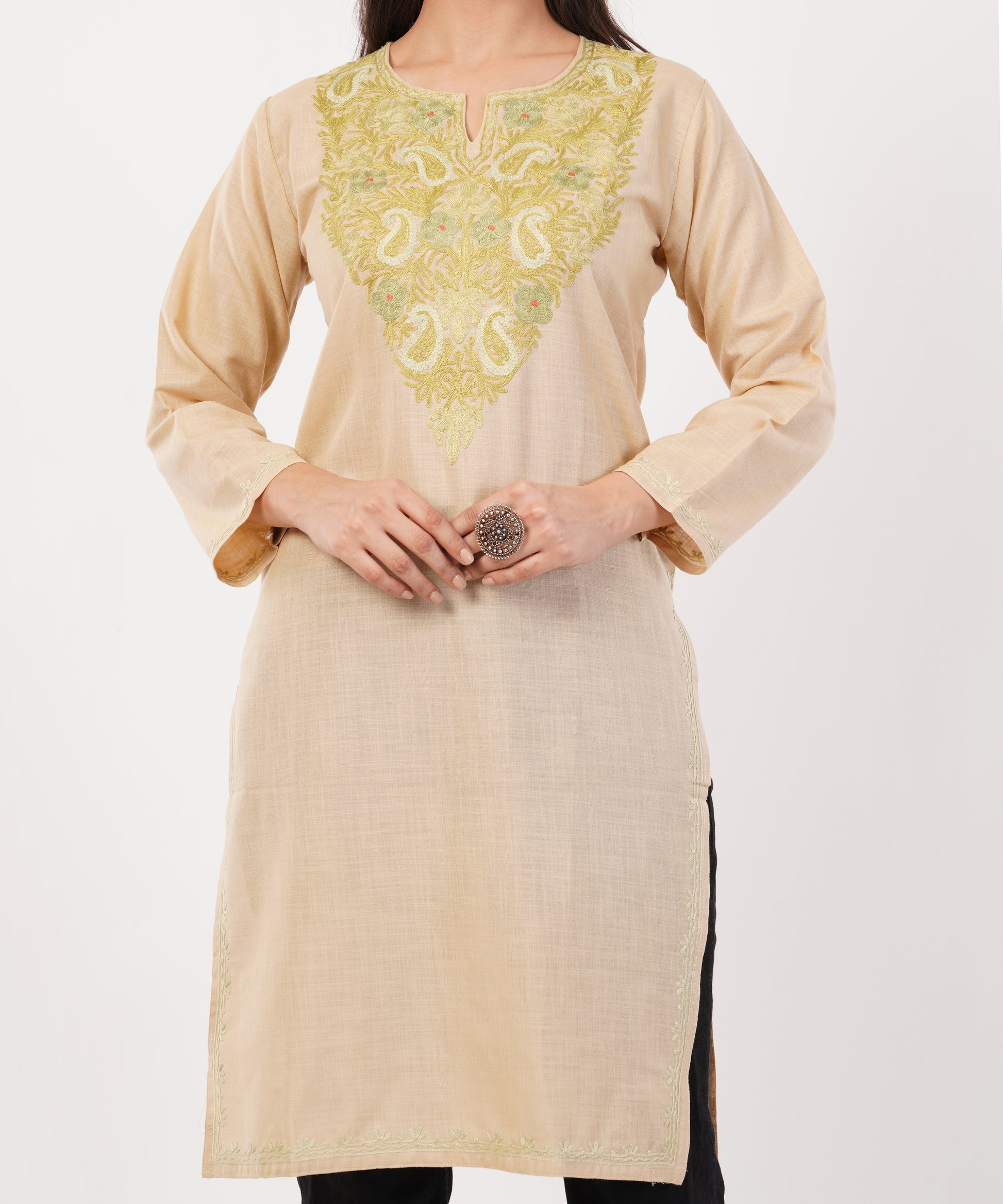 Kashmiri Aari embroidery Cotton Long Kurti Size-36 (Beige)