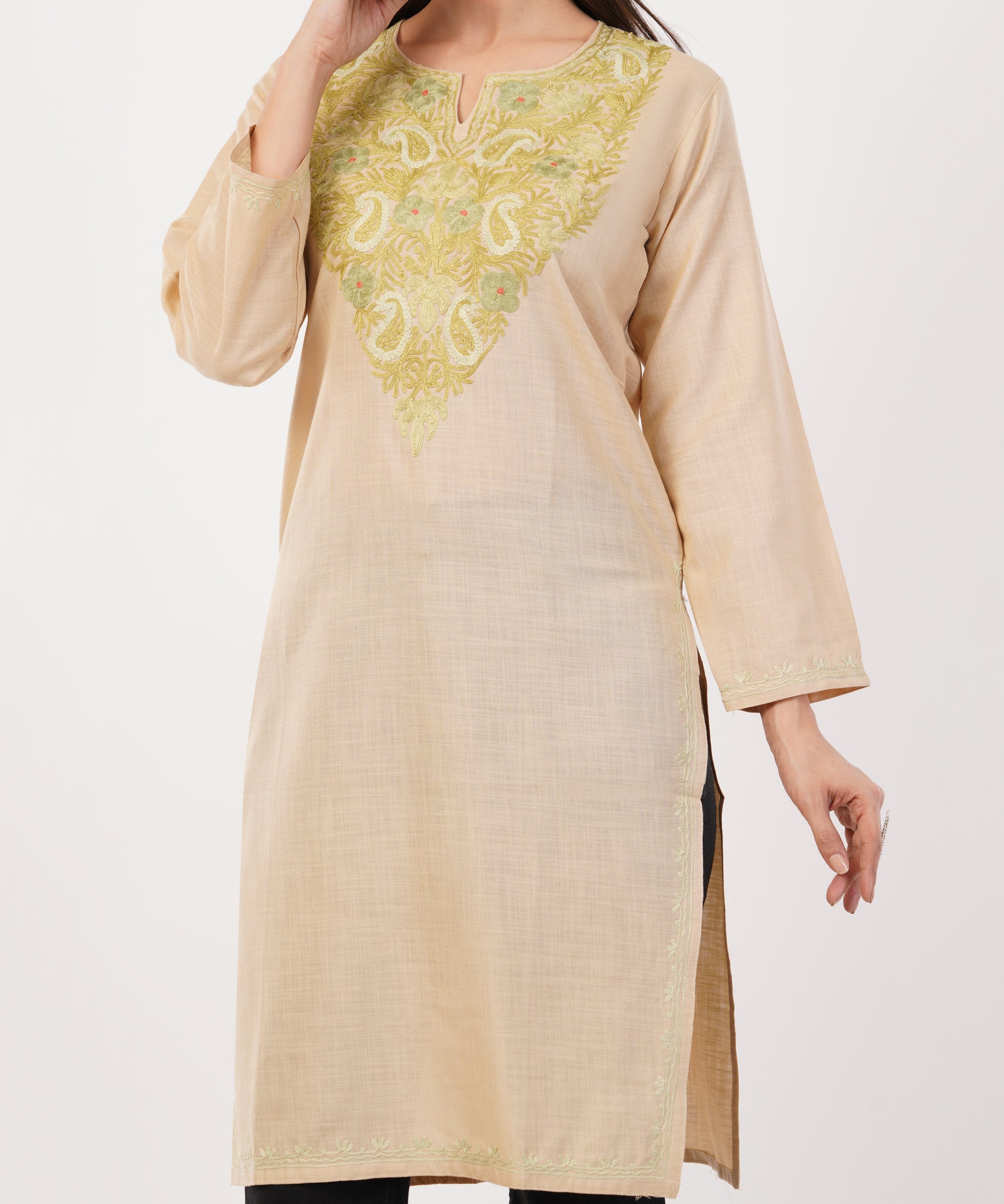 Kashmiri Aari embroidery Cotton Long Kurti Size-36 (Beige)