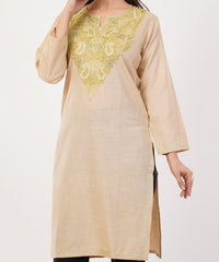 Kashmiri Aari embroidery Cotton Long Kurti Size-36 (Beige)