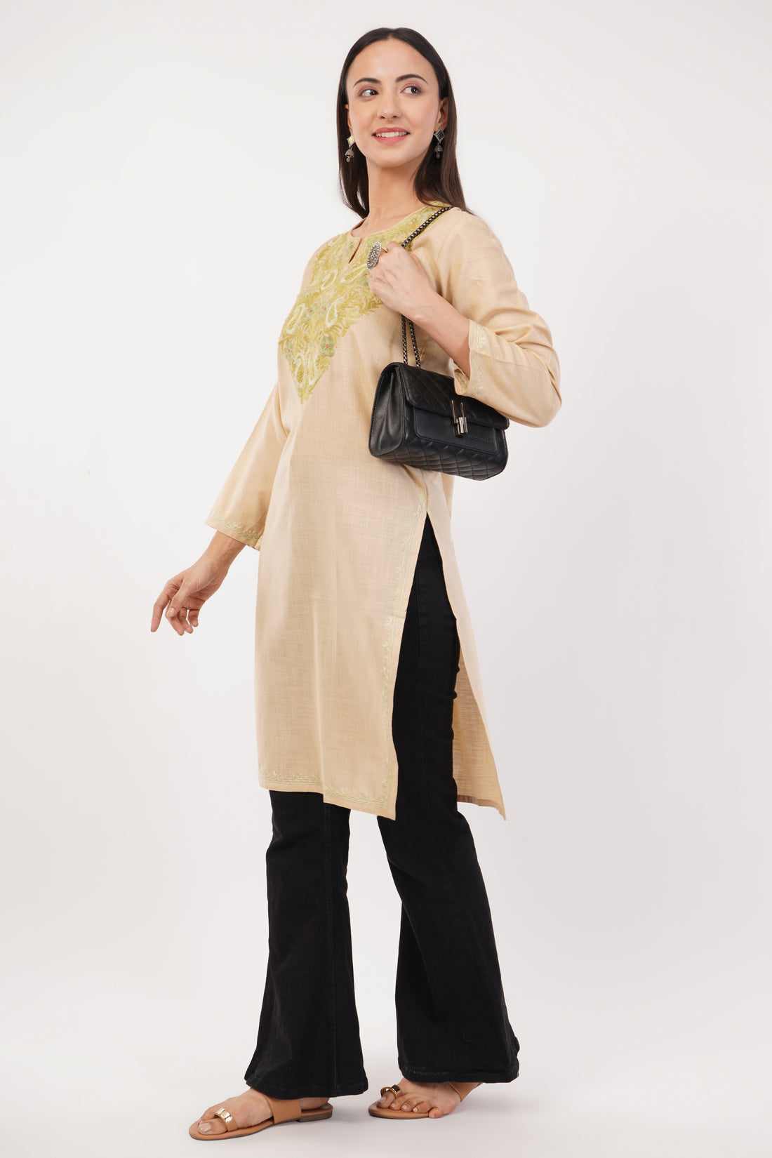 Kashmiri Aari embroidery Cotton Long Kurti Size-36 (Beige)