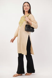 Kashmiri Aari embroidery Cotton Long Kurti Size-36 (Beige)