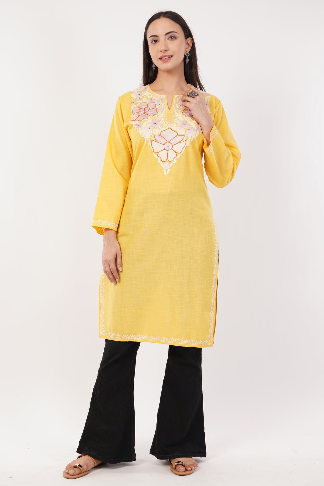Kashmiri Aari embroidery Cotton Long Kurti Size-36 (Yellow)