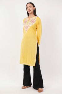Kashmiri Aari embroidery Cotton Long Kurti Size-36 (Yellow)