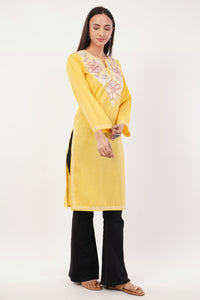 Kashmiri Aari embroidery Cotton Long Kurti Size-36 (Yellow)