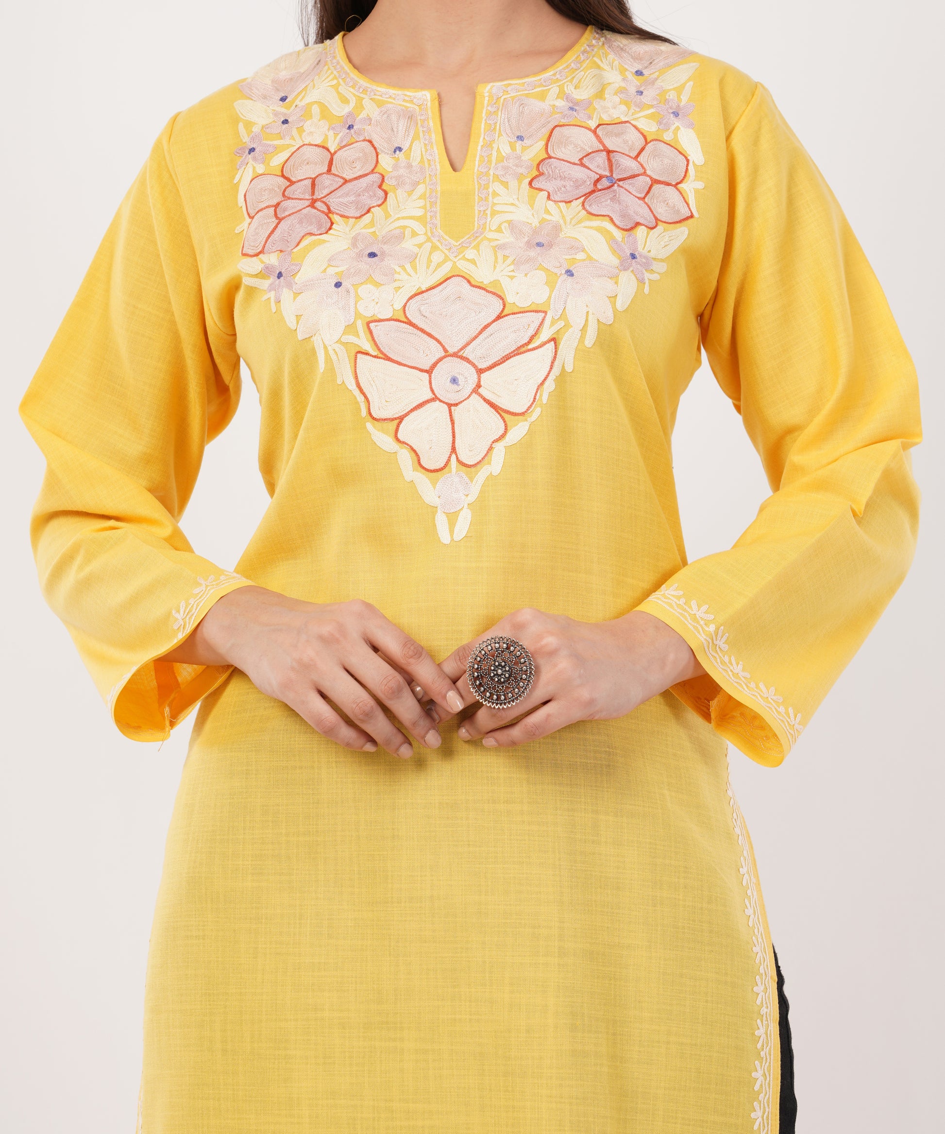 Kashmiri Aari embroidery Cotton Long Kurti Size-36 (Yellow)