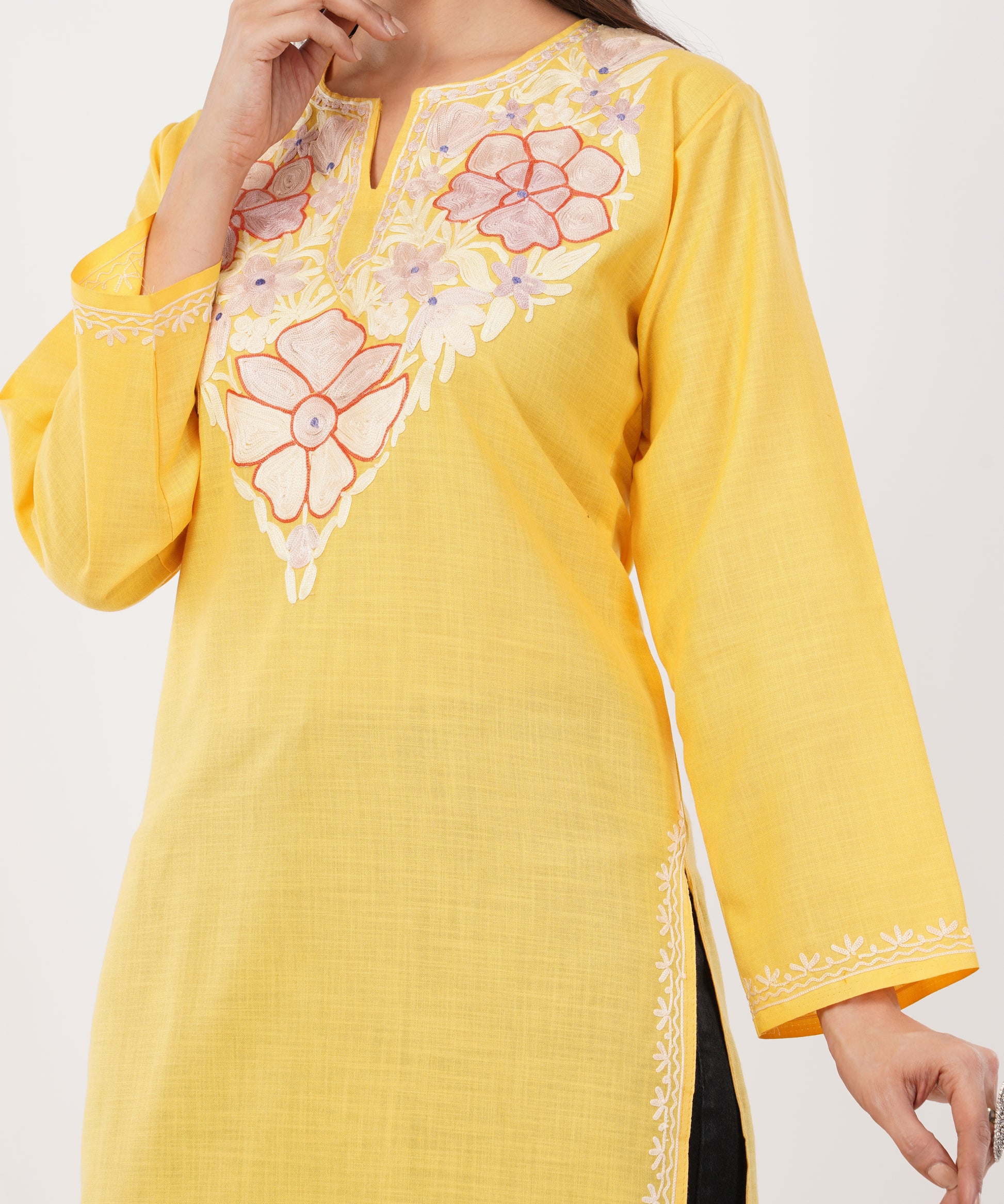 Kashmiri Aari embroidery Cotton Long Kurti Size-36 (Yellow)