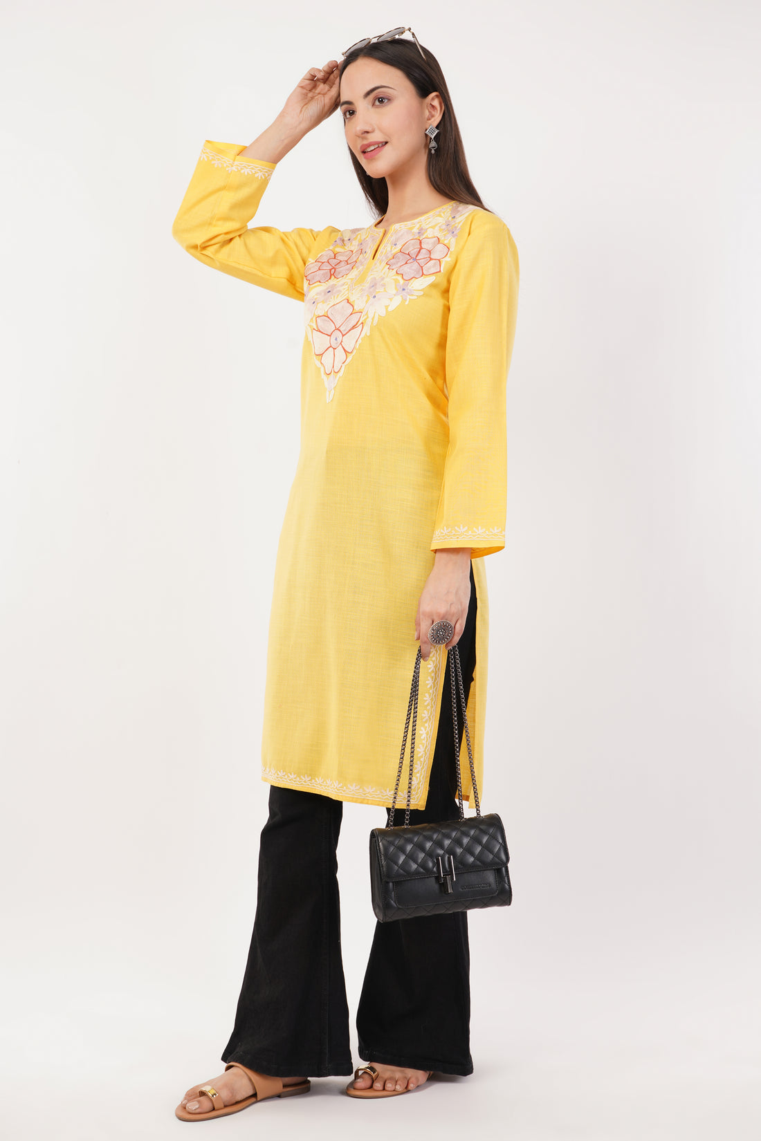 Kashmiri Aari embroidery Cotton Long Kurti Size-36 (Yellow)