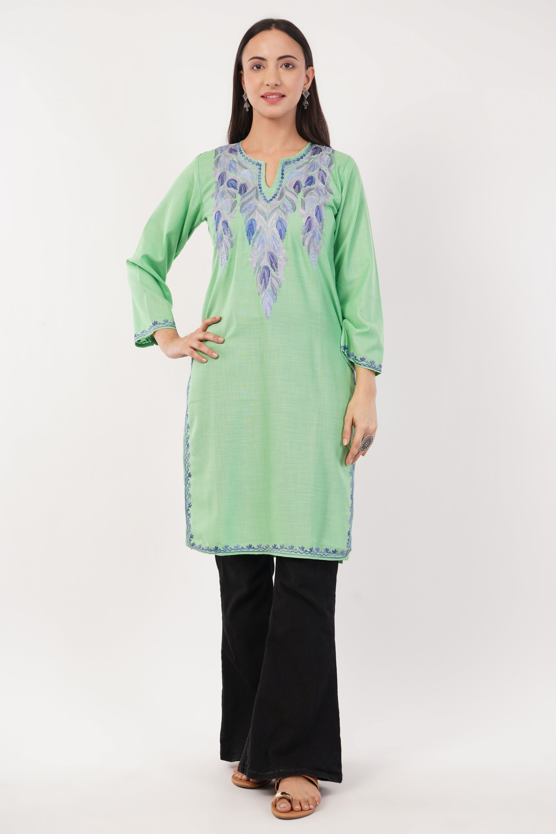 Kashmiri Aari embroidery Cotton Long Kurti Size-36 (Green)