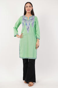 Kashmiri Aari embroidery Cotton Long Kurti Size-36 (Green)