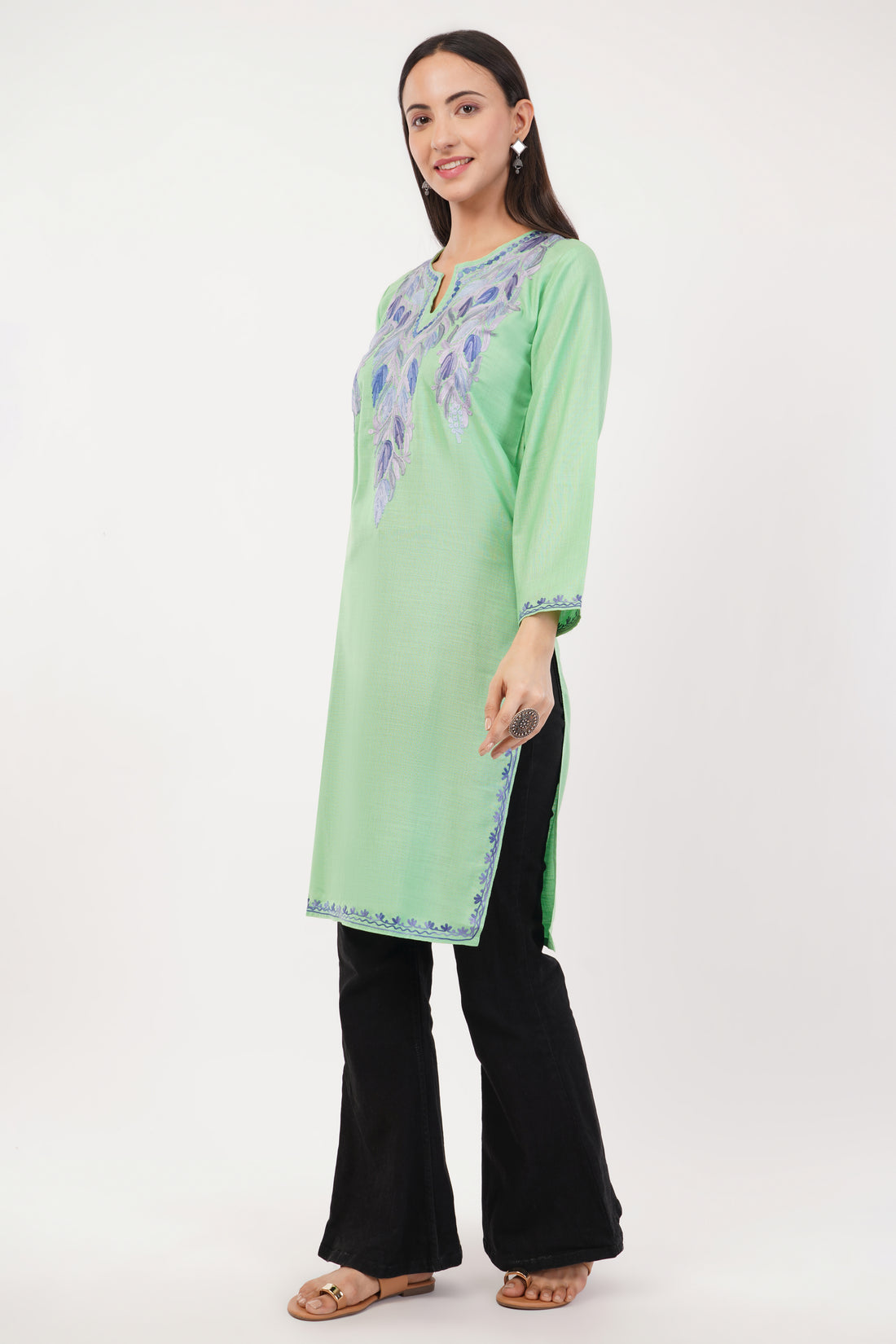 Kashmiri Aari embroidery Cotton Long Kurti Size-36 (Green)