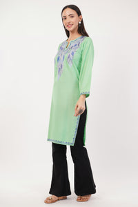 Kashmiri Aari embroidery Cotton Long Kurti Size-36 (Green)