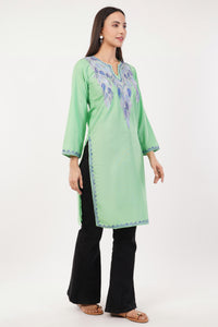 Kashmiri Aari embroidery Cotton Long Kurti Size-36 (Green)