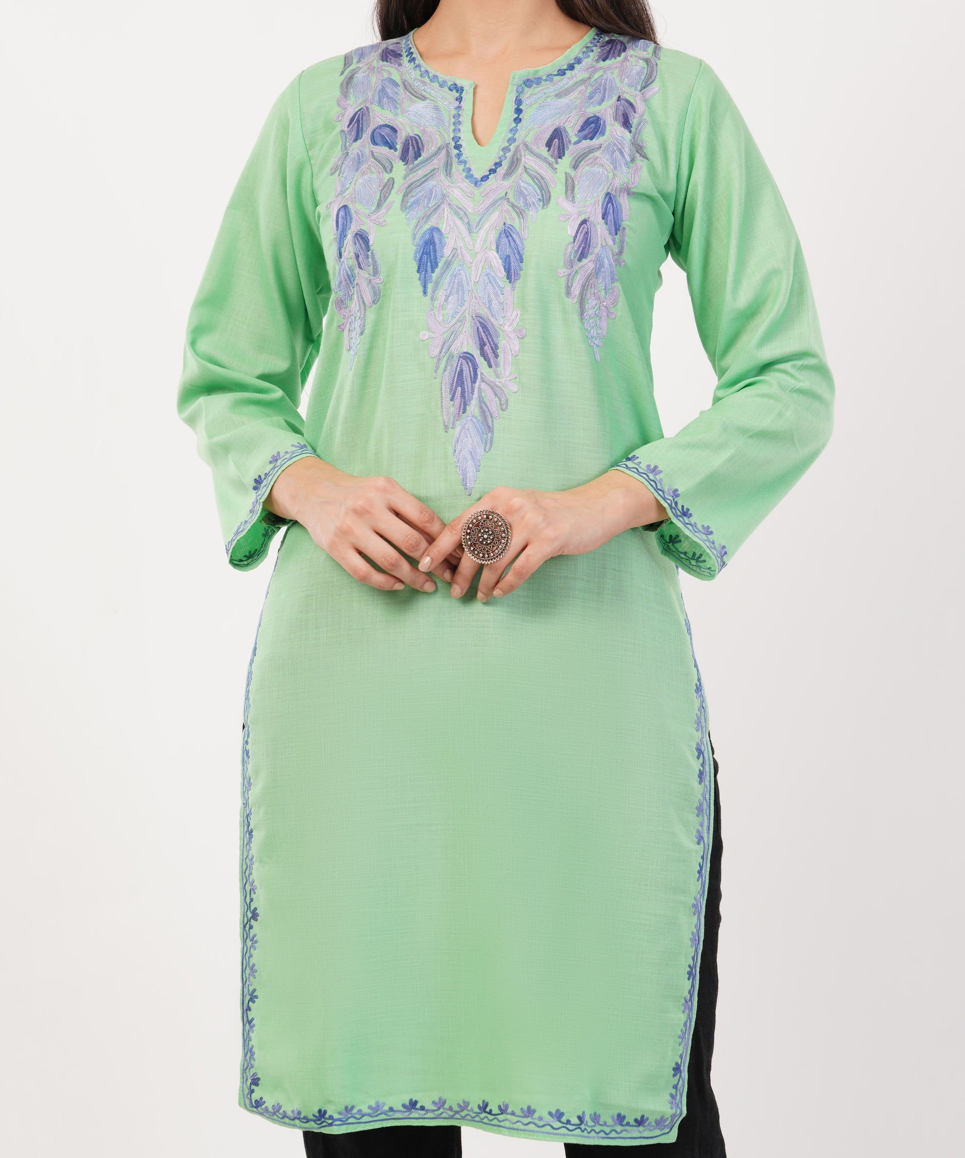 Kashmiri Aari embroidery Cotton Long Kurti Size-36 (Green)