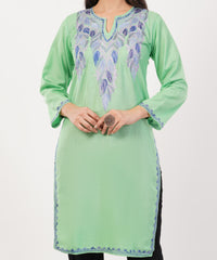 Kashmiri Aari embroidery Cotton Long Kurti Size-36 (Green)