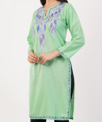 Kashmiri Aari embroidery Cotton Long Kurti Size-36 (Green)
