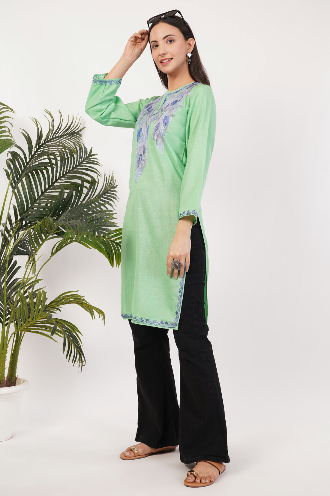 Kashmiri Aari embroidery Cotton Long Kurti Size-36 (Green)