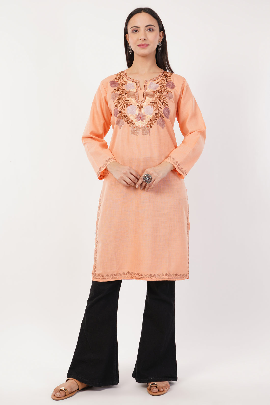 Kashmiri Aari embroidery Cotton Long Kurti Size-36 (Peach)