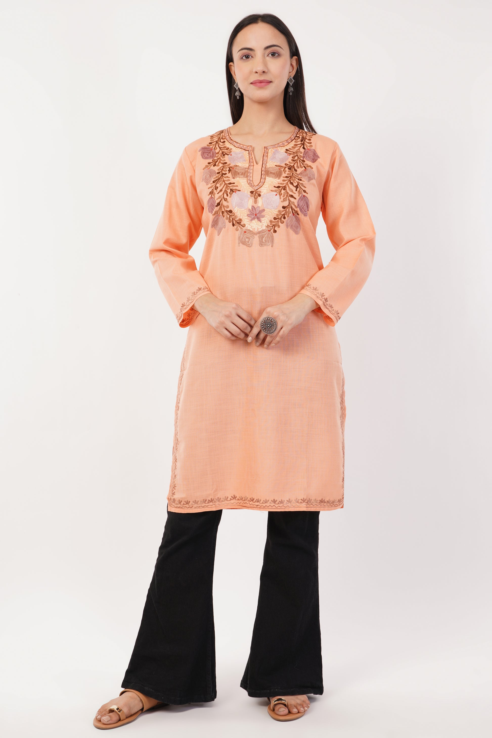 Kashmiri Aari embroidery Cotton Long Kurti Size-36 (Peach)