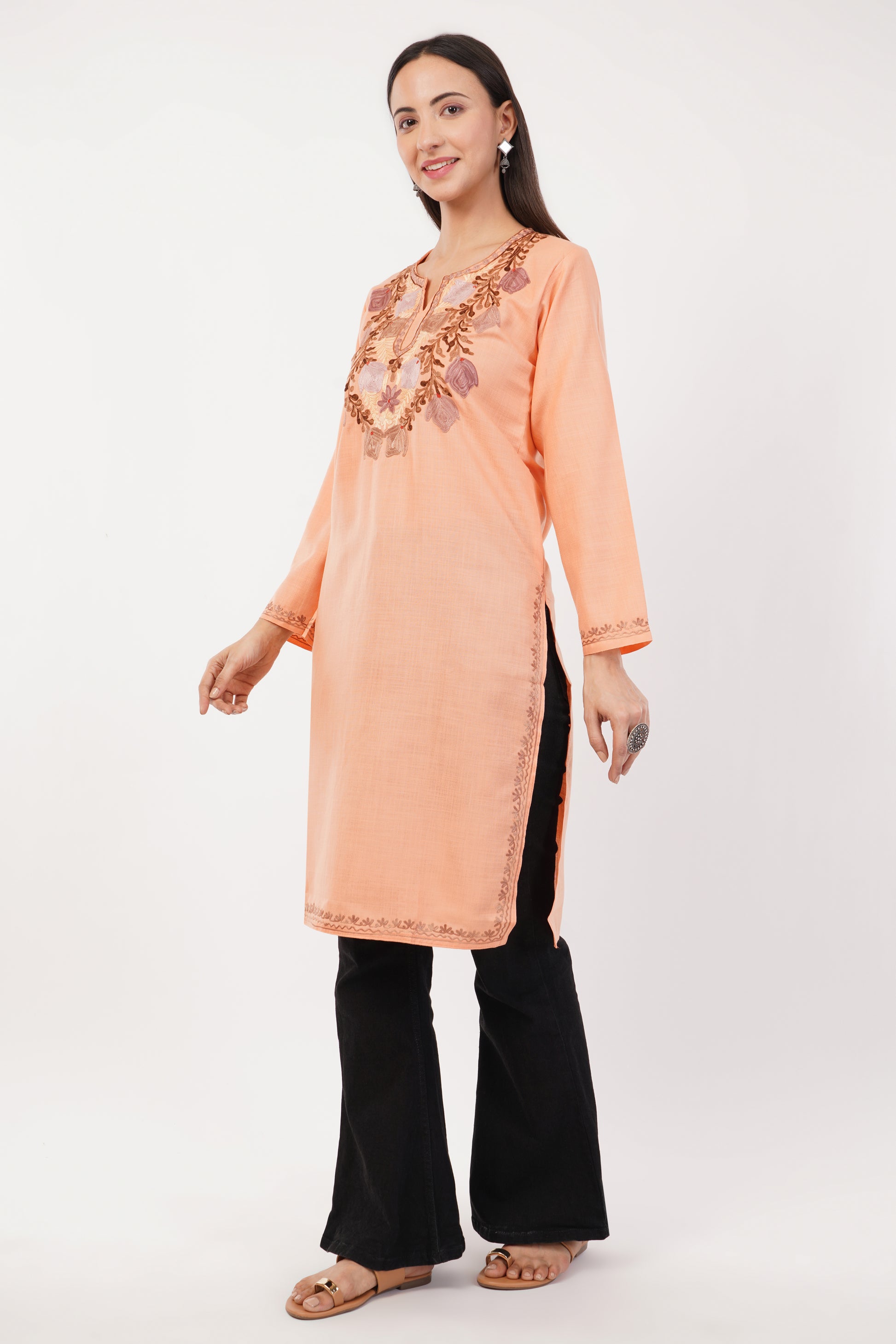 Kashmiri Aari embroidery Cotton Long Kurti Size-36 (Peach)