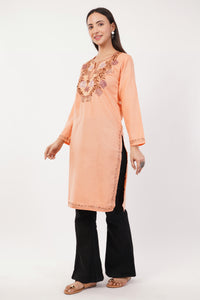 Kashmiri Aari embroidery Cotton Long Kurti Size-36 (Peach)