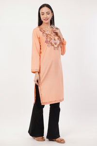 Kashmiri Aari embroidery Cotton Long Kurti Size-36 (Peach)