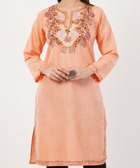 Kashmiri Aari embroidery Cotton Long Kurti Size-36 (Peach)