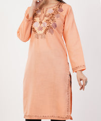 Kashmiri Aari embroidery Cotton Long Kurti Size-36 (Peach)