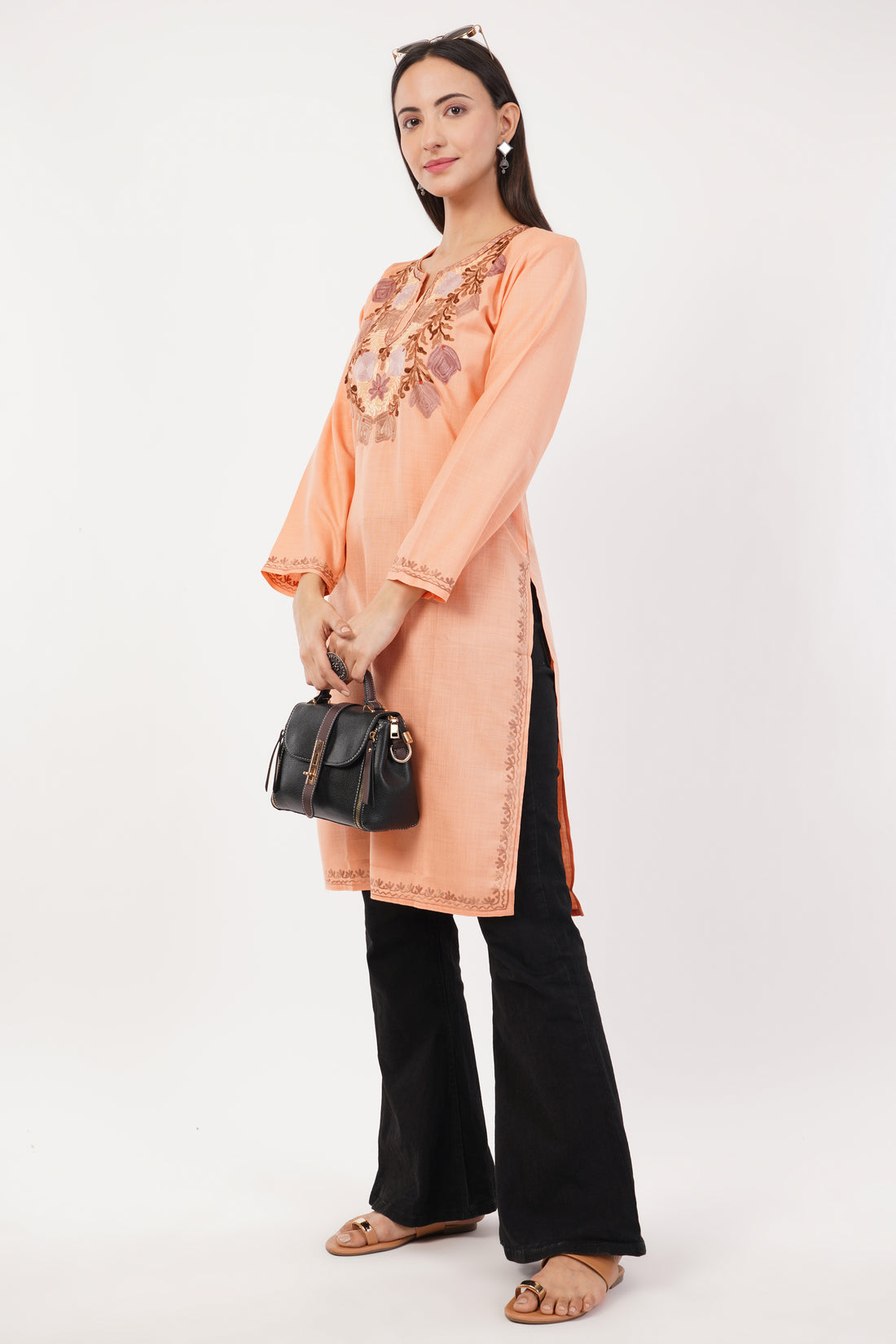 Kashmiri Aari embroidery Cotton Long Kurti Size-36 (Peach)