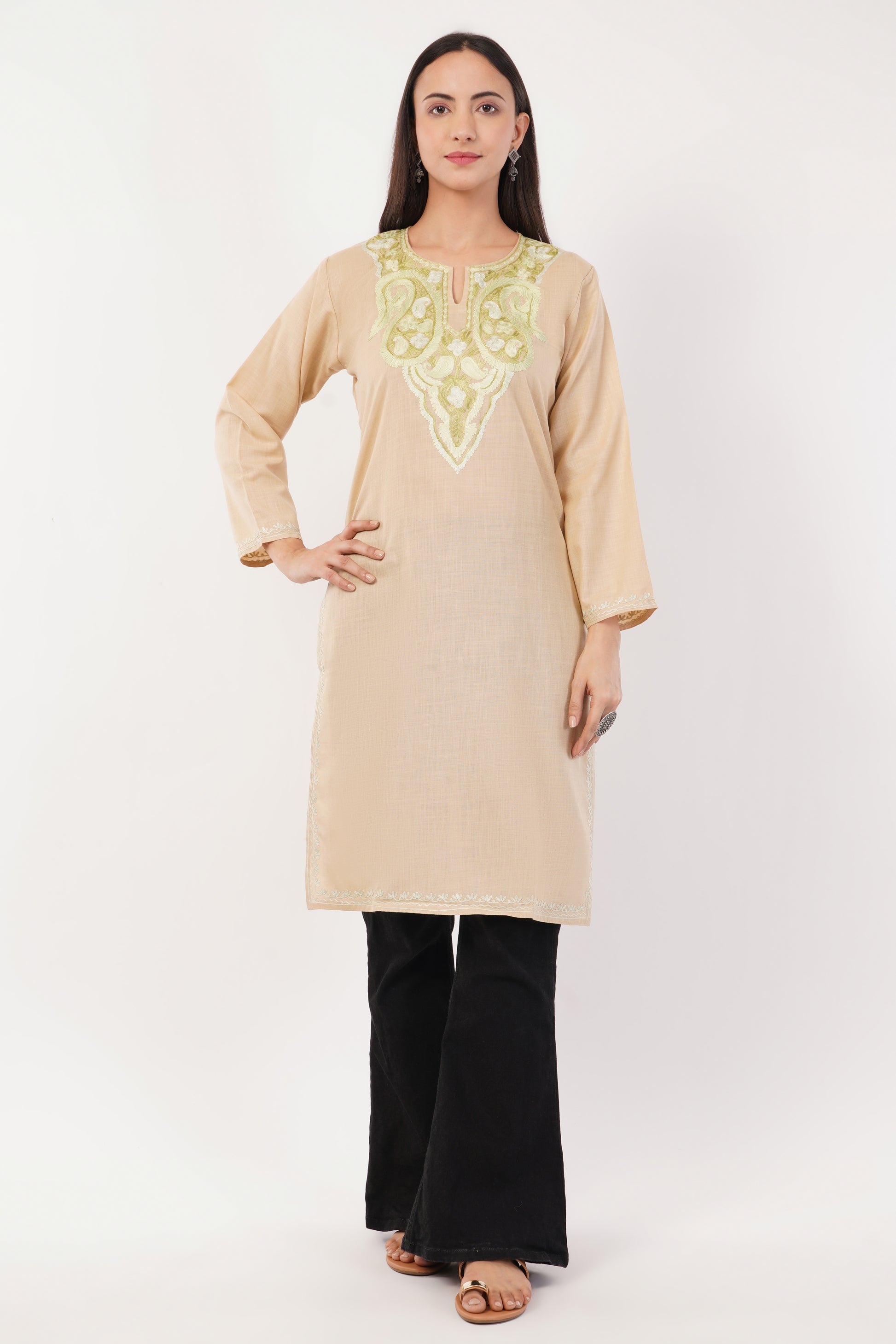 Kashmiri Aari embroidery Cotton Long Kurti Size-36 (Beige)