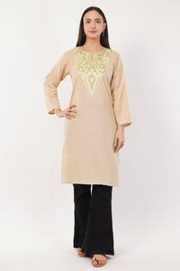 Kashmiri Aari embroidery Cotton Long Kurti Size-36 (Beige)
