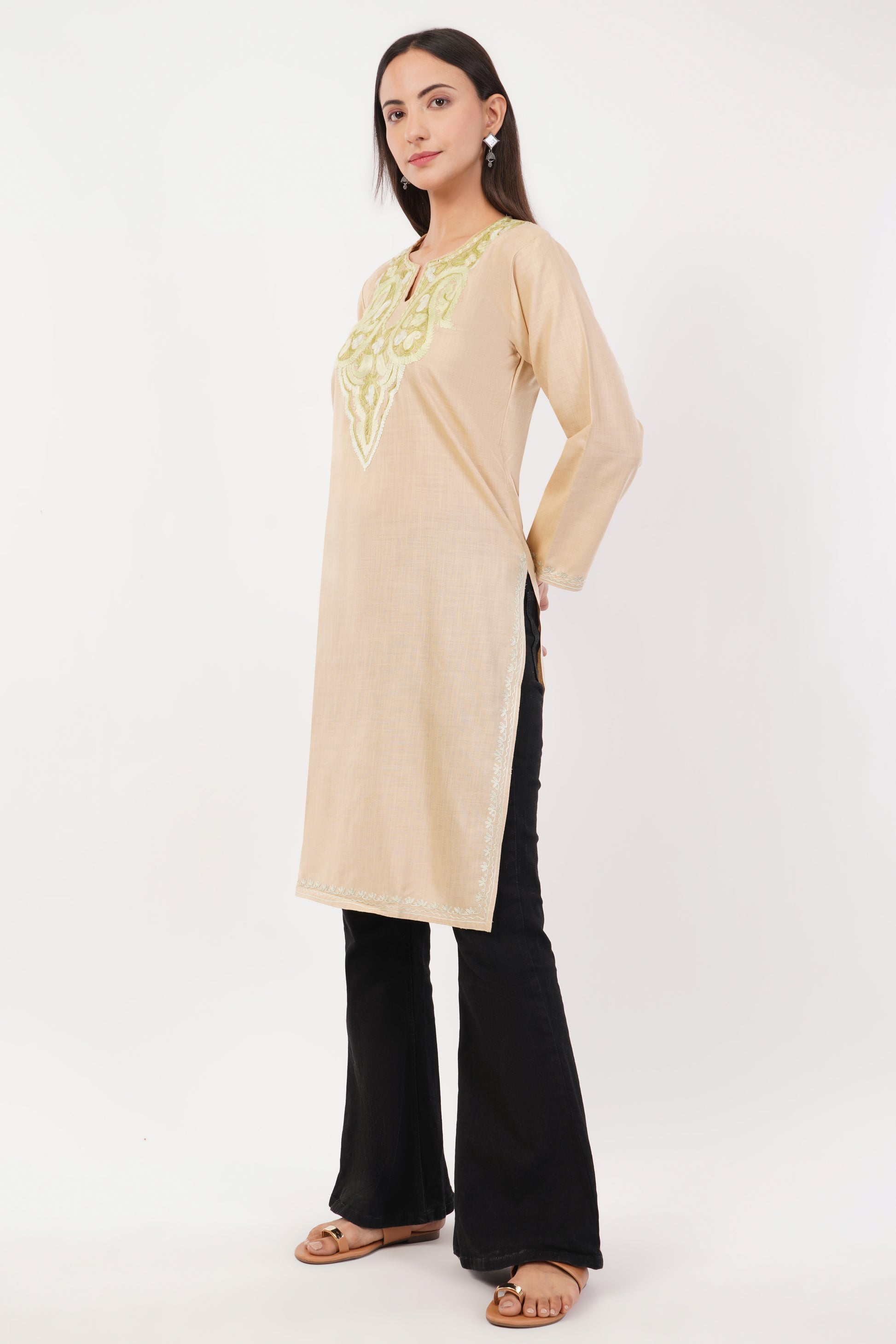 Kashmiri Aari embroidery Cotton Long Kurti Size-36 (Beige)