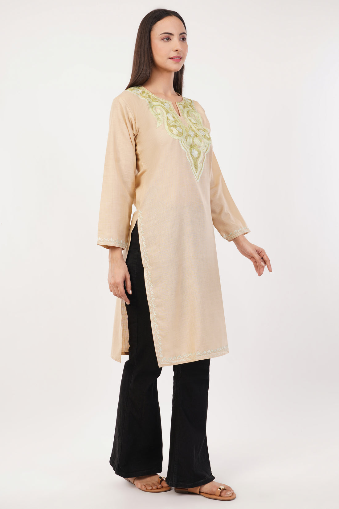 Kashmiri Aari embroidery Cotton Long Kurti Size-36 (Beige)