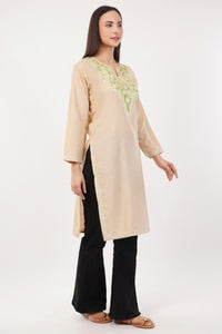 Kashmiri Aari embroidery Cotton Long Kurti Size-36 (Beige)