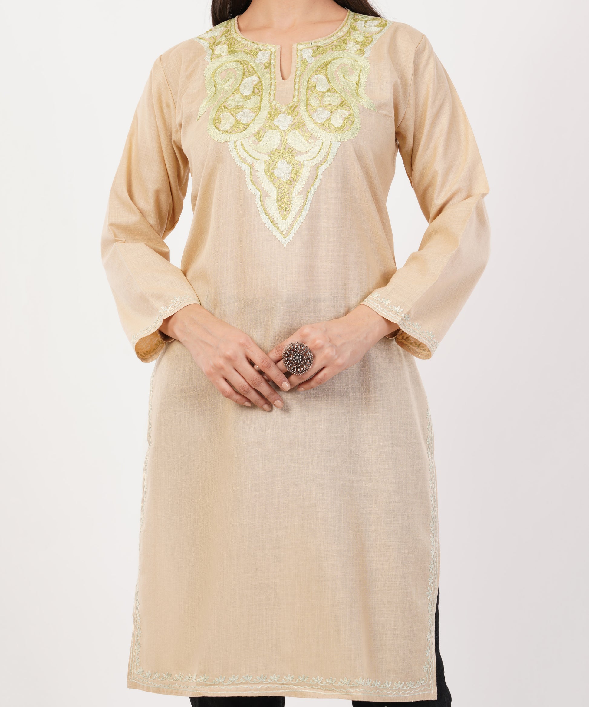 Kashmiri Aari embroidery Cotton Long Kurti Size-36 (Beige)
