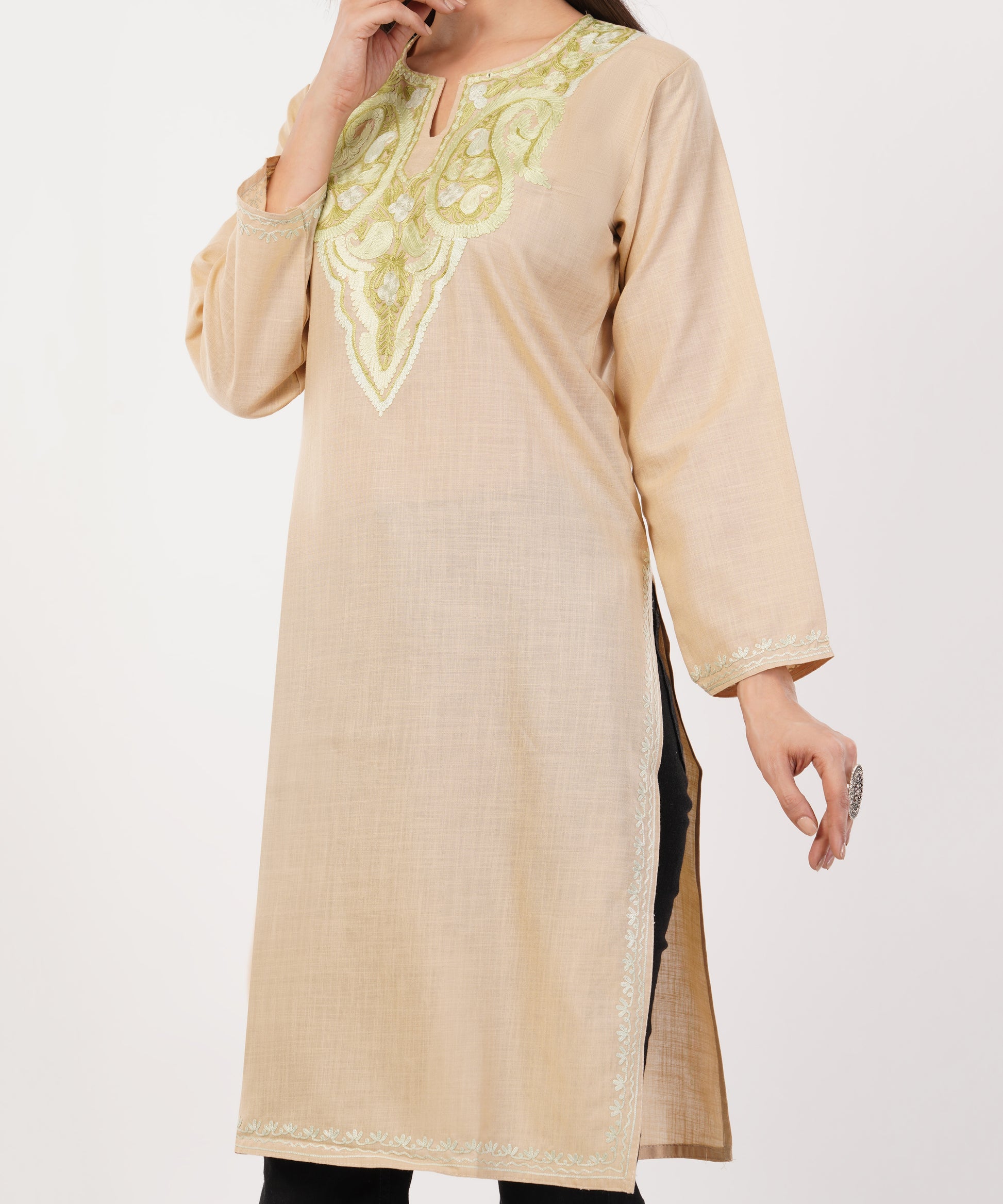 Kashmiri Aari embroidery Cotton Long Kurti Size-36 (Beige)