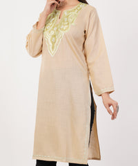 Kashmiri Aari embroidery Cotton Long Kurti Size-36 (Beige)