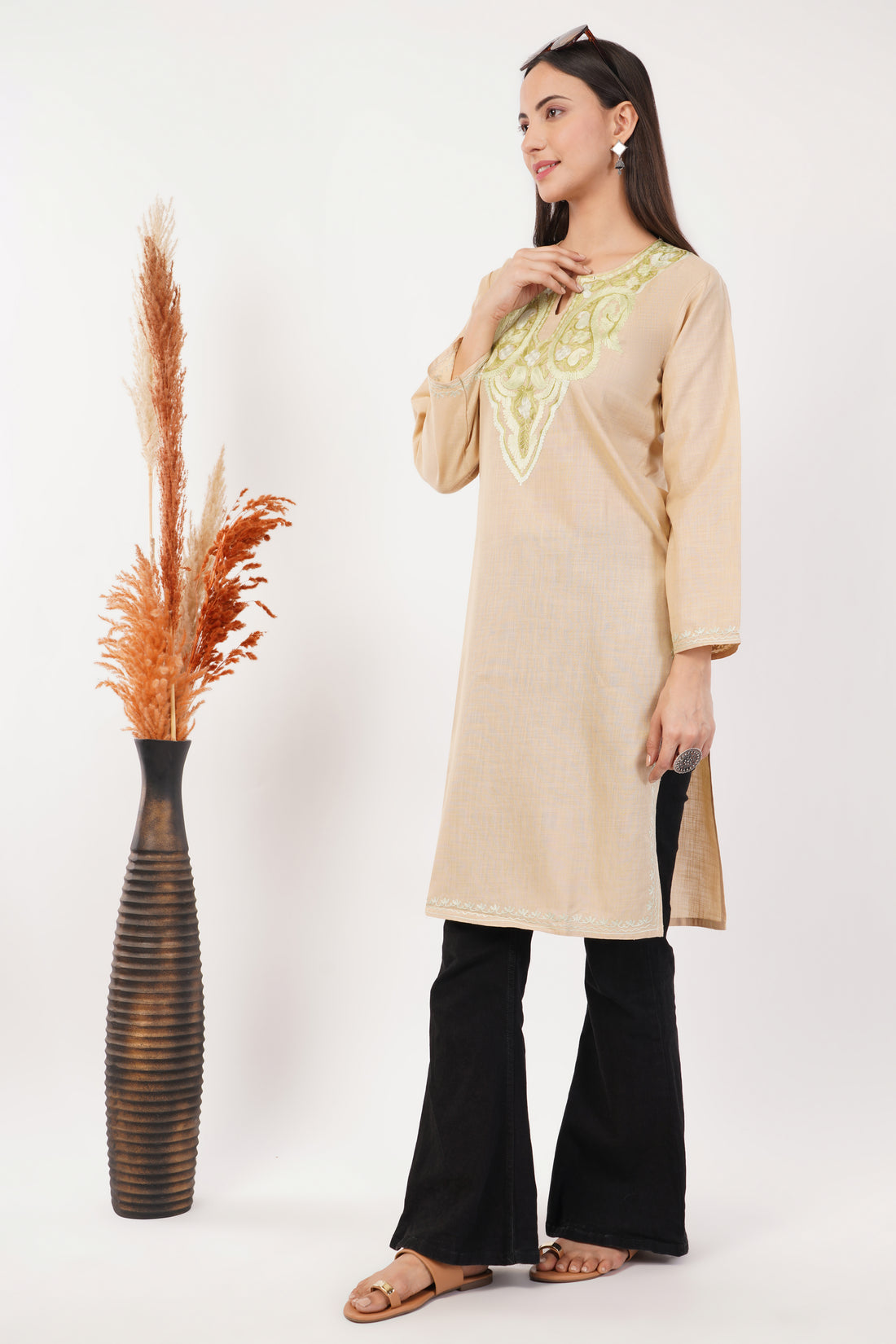 Kashmiri Aari embroidery Cotton Long Kurti Size-36 (Beige)
