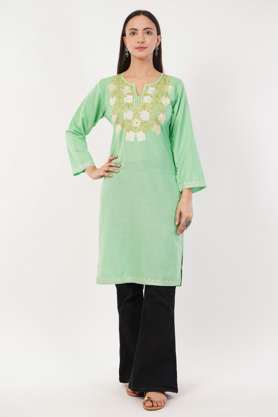 Kashmiri Aari embroidery Cotton Long Kurti Size-36 (Green)