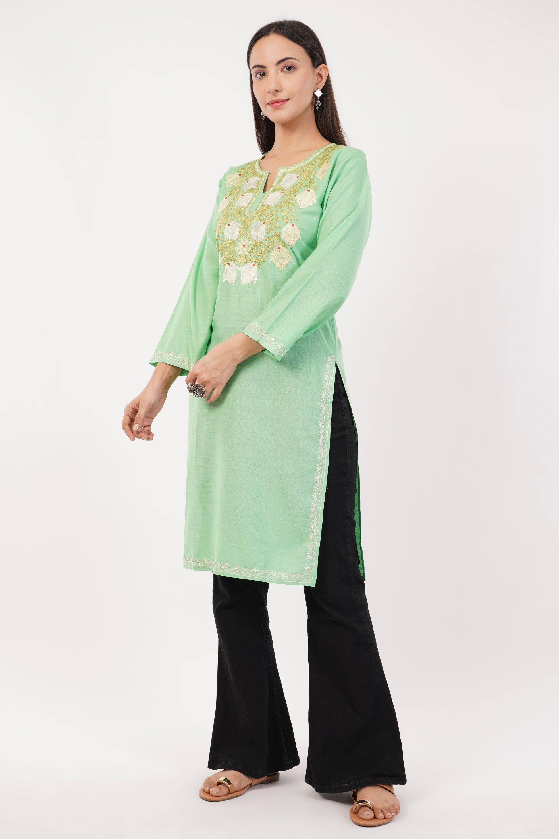 Kashmiri Aari embroidery Cotton Long Kurti Size-36 (Green)