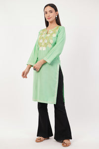 Kashmiri Aari embroidery Cotton Long Kurti Size-36 (Green)