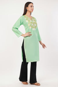 Kashmiri Aari embroidery Cotton Long Kurti Size-36 (Green)
