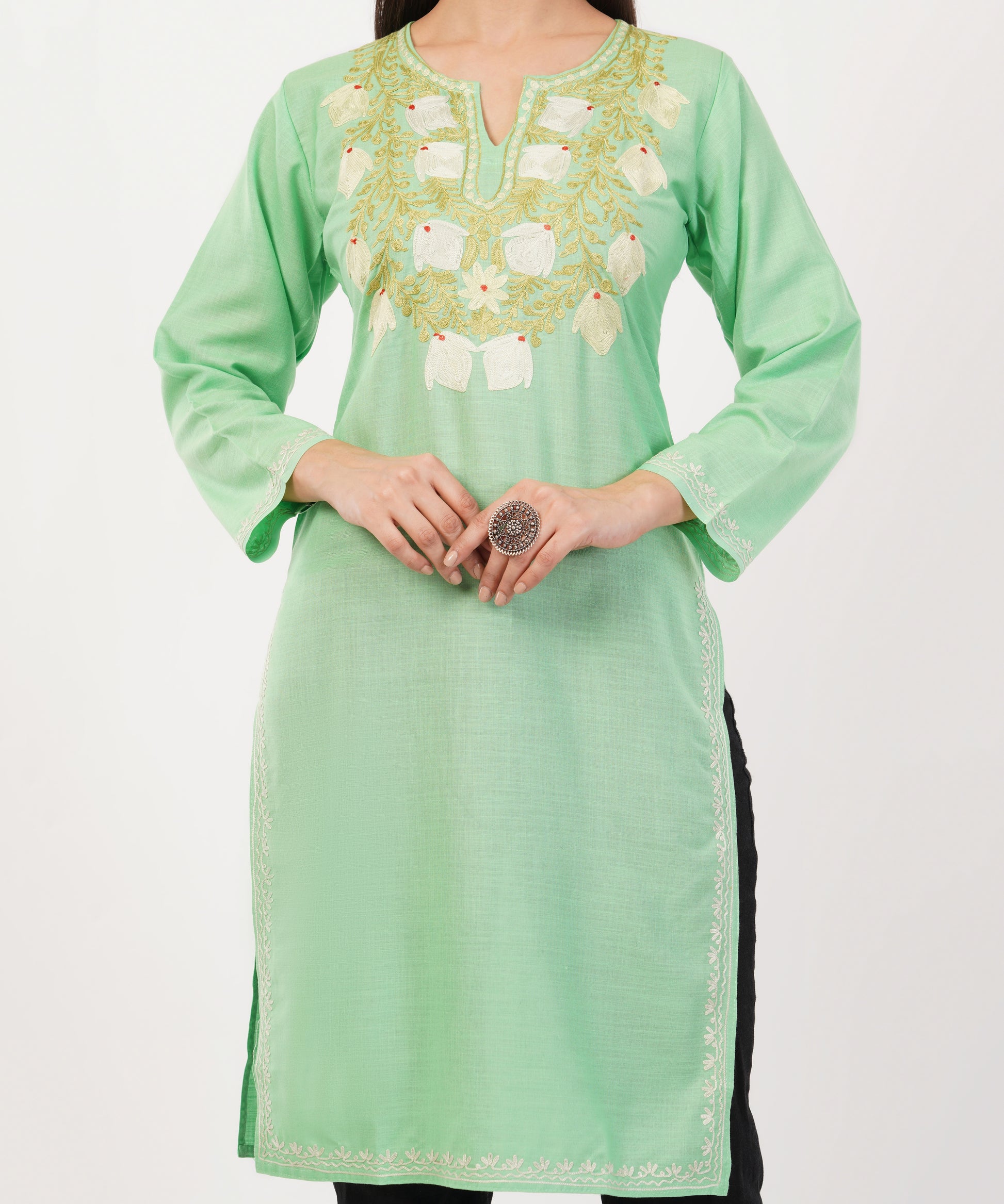 Kashmiri Aari embroidery Cotton Long Kurti Size-36 (Green)