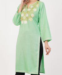 Kashmiri Aari embroidery Cotton Long Kurti Size-36 (Green)