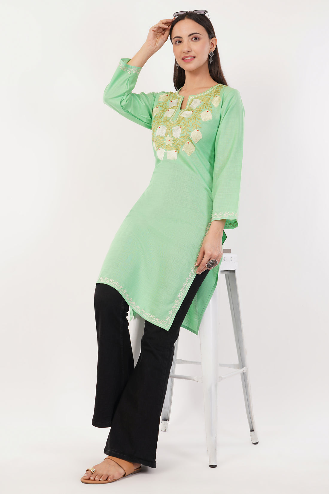 Kashmiri Aari embroidery Cotton Long Kurti Size-36 (Green)