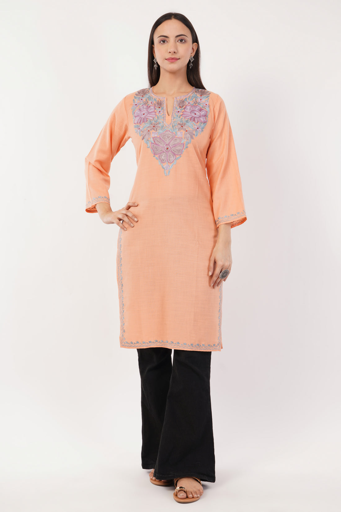Kashmiri Aari embroidery Cotton Long Kurti Size-36 (Peach)