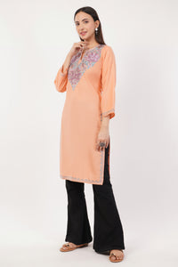 Kashmiri Aari embroidery Cotton Long Kurti Size-36 (Peach)