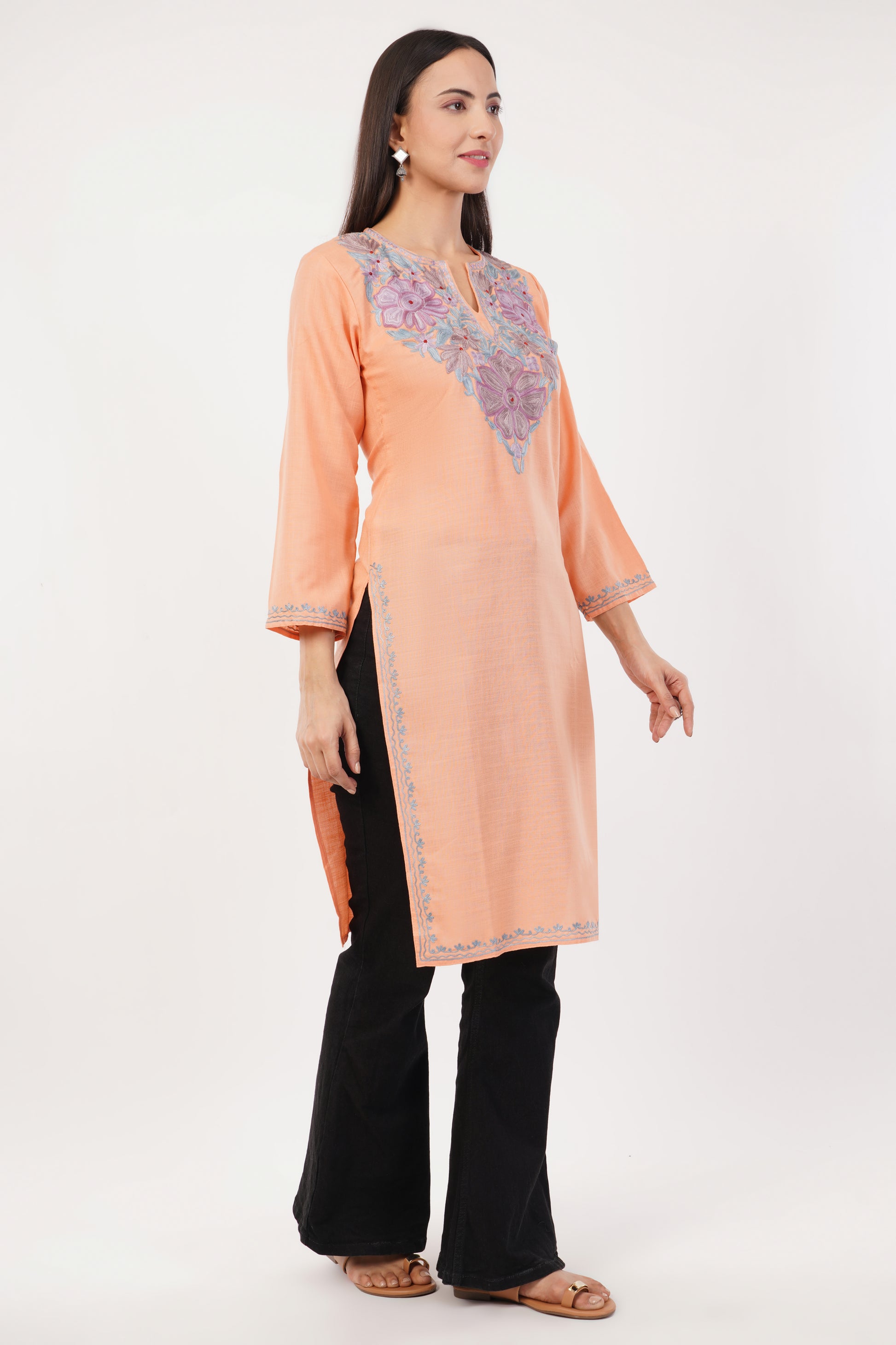 Kashmiri Aari embroidery Cotton Long Kurti Size-36 (Peach)