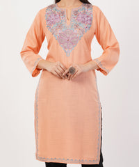 Kashmiri Aari embroidery Cotton Long Kurti Size-36 (Peach)