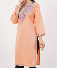 Kashmiri Aari embroidery Cotton Long Kurti Size-36 (Peach)